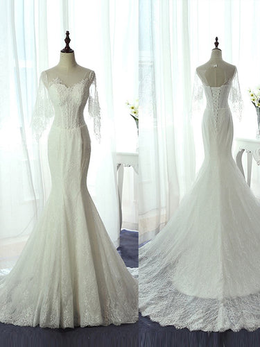 Mermaid Wedding Dresses Scoop Lace-up Brush Train Beautiful Lace Ivory Bridal Gown JKW179
