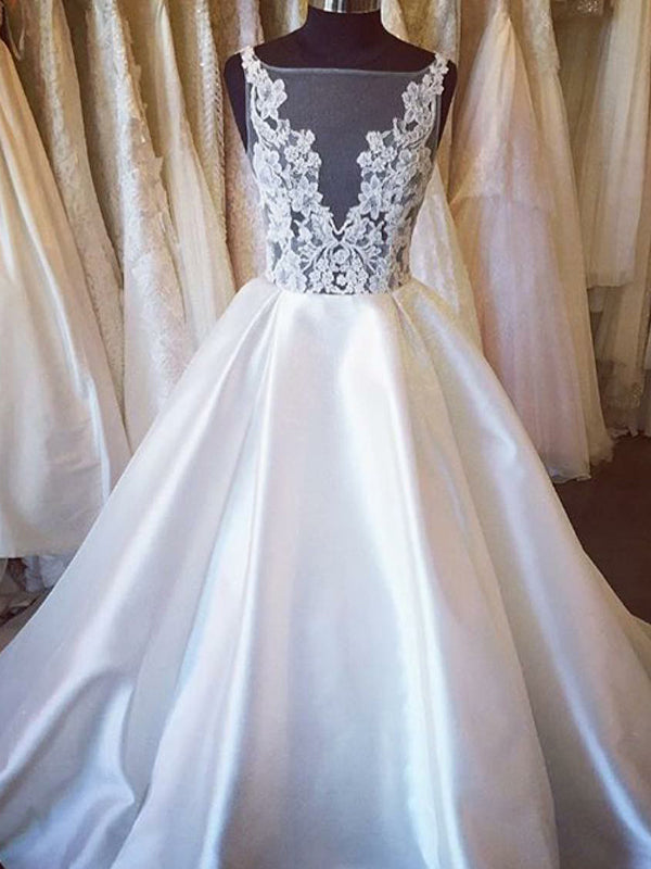 Ball Gown Wedding Dresses Vneck Open Back Sweep Train Lace Big Bridal Gown JKW187|Annapromdress