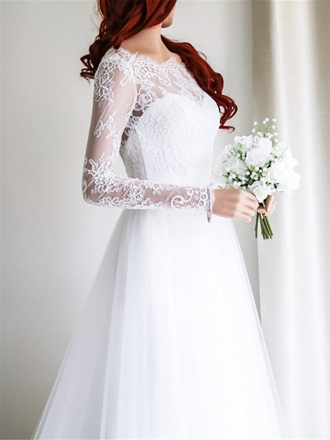 Lace Wedding Dresses Bateau Sweep Train Sexy Open Back White Bridal Gown JKW189|Annapromdress