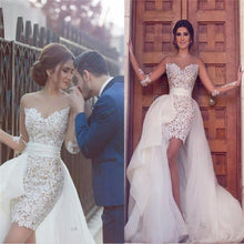 Long Sleeve Wedding Dresses Sheath Asymmetrical Chic Lace Bridal Gown JKW190|Annapromdress