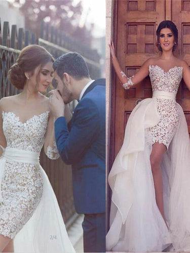 Long Sleeve Wedding Dresses Sheath Asymmetrical Chic Lace Bridal Gown JKW190|Annapromdress