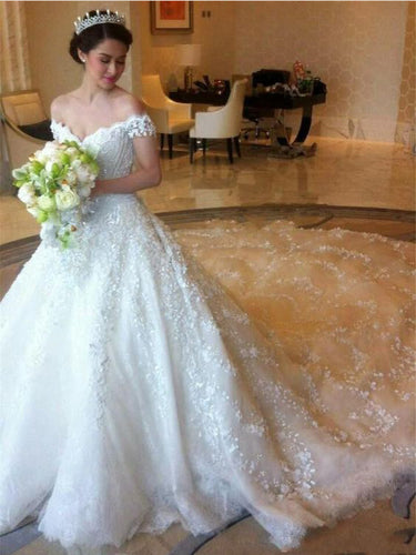 Ball Gown Wedding Dresses Romantic Long Train Luxury Lace Big Bridal Gown JKW197|Annapromdress