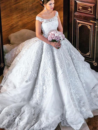 Beautiful Wedding Dresses Ball Gown Off-the-shoulder Lace Big White Bridal Gown JKW198|Annapromdress