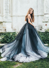 Black Romantic Wedding Dresses Colored Modest Long Train Lace Big Bridal Gown JKW202|Annapromdress