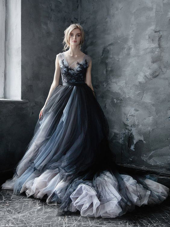 chinese dress ladies Black Romantic Wedding Dresses Colored Modest Long Train Lace Big Brid –  Anna PromDress