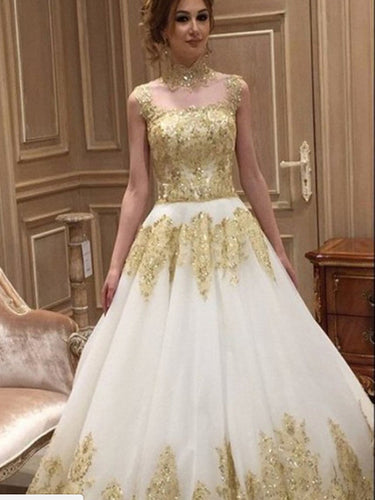 Beautiful Wedding Dresses Long Train Romantic Gold Appliques Big Bridal Gown JKW204|Annapromdress