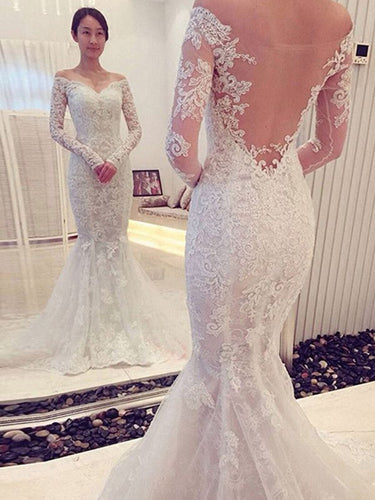 Long Sleeve Wedding Dresses Off-the-shoulder Mermaid Lace Chic Bridal Gown JKW213|Annapromdress