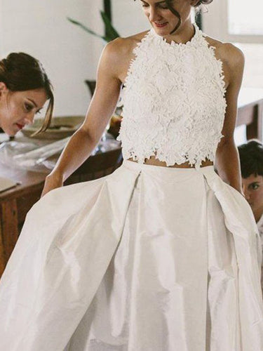 Two Piece Wedding Dresses Halter Aline Chic Romantic Lace Simple Bridal Gown JKW215|Annapromdress
