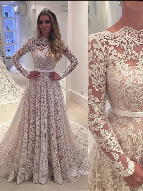 Long Sleeve Wedding Dresses Sweep Train A-line Lace Chic Open Back Bridal Gown JKW216|Annapromdress