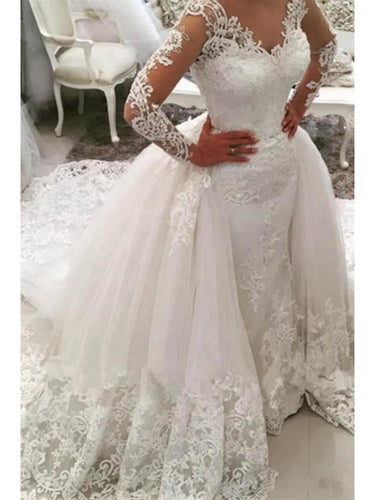 Luxury Wedding Dresses Long Sleeve Sheath V-neck Long Train Lace Sexy Big Bridal Gown JKW217|Annapromdress