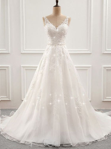Open Back Wedding Dresses Long Train Romantic Appliques Simple Bridal Gown JKW218|Annapromdress