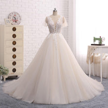 Ball Gown Wedding Dresses Romantic Long Train Short Sleeve Lace Big Bridal Gown JKW219|Annapromdress
