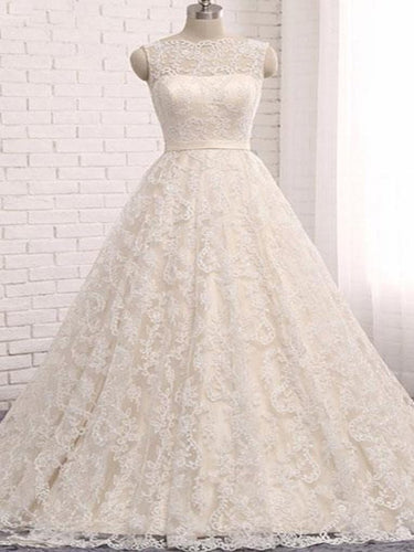 Open Back Wedding Dresses Romantic Ball Gown Long Train Beautiful Lace Bridal Gown JKW222|Annapromdress