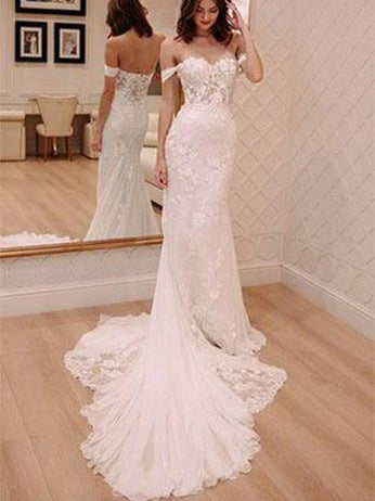 Lace Wedding Dresses Sheath Off-the-shoulder Long Train Sexy Bridal Gown JKW229|Annapromdress