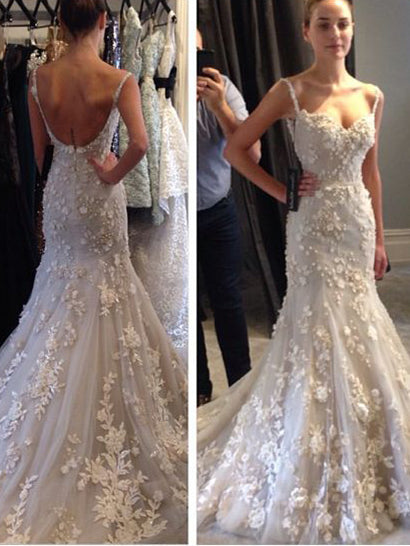 Open Back Wedding Dresses Spaghetti Straps Mermaid Sweep Train Floral Lace Bridal Gown JKW234|Annapromdress