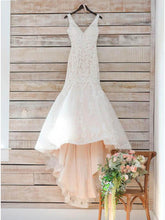 Open Back Wedding Dresses Straps V-neck Mermaid Sweep Train Romantic Bridal Gown JKW237|Annapromdress