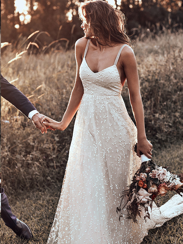 navy blue dress for baby girl Biztunnel Long A-Line V-Neck Tulle Lace Backless Wedding Dresses main image 1