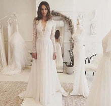 Long Sleeve Wedding Dresses A-line V-neck Brush Train Elegant V-neck Lace Bridal Gown JKW239|Annapromdress