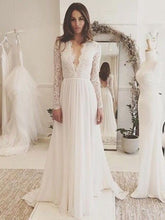 Long Sleeve Wedding Dresses A-line V-neck Brush Train Elegant V-neck Lace Bridal Gown JKW239|Annapromdress
