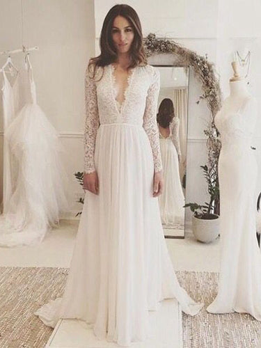 Long Sleeve Wedding Dresses A-line V-neck Brush Train Elegant V-neck Lace Bridal Gown JKW239|Annapromdress