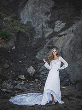 Open Back Wedding Dresses Long Sleeve Long Train Romantic Lace Beach Bridal Gown JKW241|Annapromdress