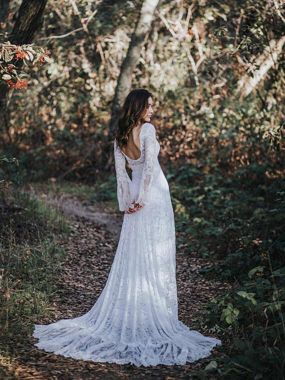 strapless open back dress A-line Deep V Neck White Lace Wedding Dresses Open Back Bridal Gowns C –  SELINADRESS