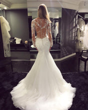 Long Sleeve Wedding Dresses V-neck Long Train Mermaid Lace Beading Bridal Gown JKW242|Annapromdress