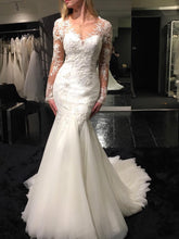 Long Sleeve Wedding Dresses V-neck Long Train Mermaid Lace Beading Bridal Gown JKW242|Annapromdress