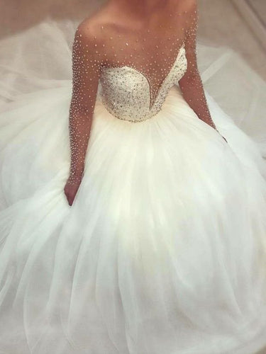 Long Sleeve Wedding Dresses A-line Floor-length Elegant Beading Sparkly Bridal Gown JKW245|Annapromdress