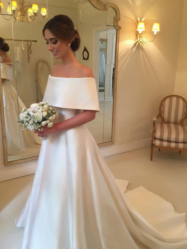 Simple Wedding Dresses Off-the-shoulder Short Train Half Sleeve Satin Bridal Gown JKW247|Annapromdress