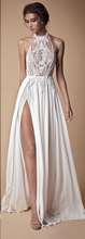Simple Wedding Dresses with Slit A Line Floor-length Appliques Halter Sexy Bridal Gown JKW248|Annapromdress