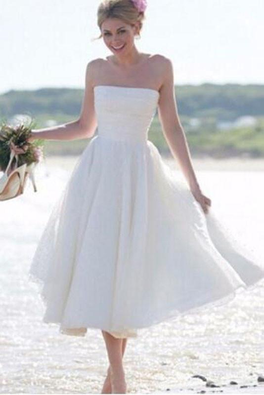 short simple wedding dresses Short Wedding Dresses Strapless Tea-length Romantic Tulle Simple Brida – Anna PromDress