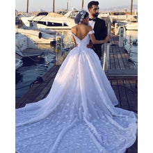 Ball Gown Wedding Dresses Off-the-shoulder Long Train Hand-Made Flower Big Bridal Gown JKW252|Annapromdress