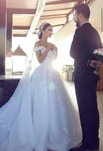 Ball Gown Wedding Dresses Off-the-shoulder Long Train Hand-Made Flower Big Bridal Gown JKW252|Annapromdress