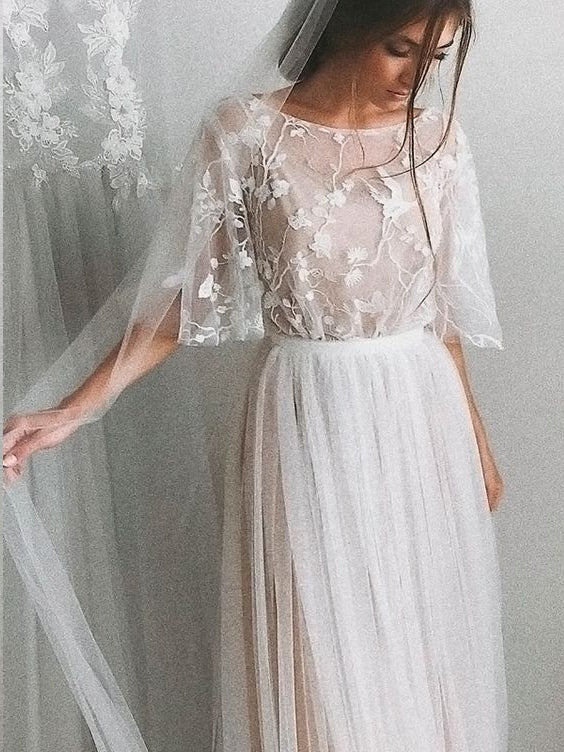 Half Sleeve Wedding Dresses A-line Short Train Elegant Simple Romantic Anna PromDress Half Sleeve Wedding Dresses A-line Short Train Elegant Simple Romantic Anna PromDress