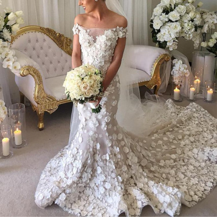 Luxury Wedding Dresses Off-the-shoulder Hand-Made Flower Long
