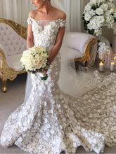 Luxury Wedding Dresses Off-the-shoulder Hand-Made Flower Long Train Mermaid Bridal Gown JKW256|Annapromdress