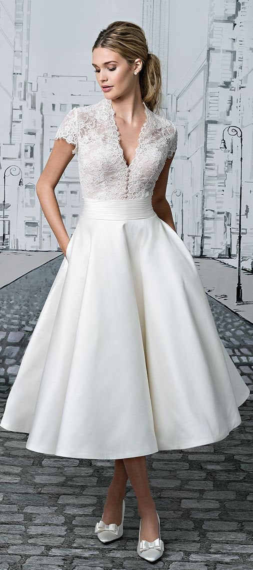 simple white short wedding dress Stacees Bridal Wedding Dress Little White Bridal A-Line Tiered Satin Short Square Neckline