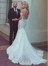 Lace Wedding Dresses Off-the-shoulder Romantic Long Train Mermaid Bridal Gown JKW263|Annapromdress