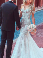 Lace Wedding Dresses Off-the-shoulder Romantic Long Train Mermaid Bridal Gown JKW263|Annapromdress