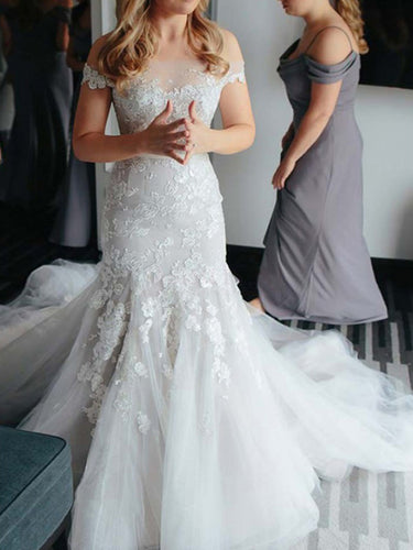 Mermaid Wedding Dresses Off-the-shoulder Appliques Elegant Long Train Chic Bridal Gown JKW267|Annapromdress