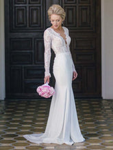 Long Sleeve Wedding Dresses V-neck Lace Simple Ivory Chiffon Mermaid Bridal Gown JKW279|Annapromdress