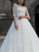 Half Sleeve Wedding Dresses A Line Long Train Romantic Lace Bridal Gown JKW281|Annapromdress