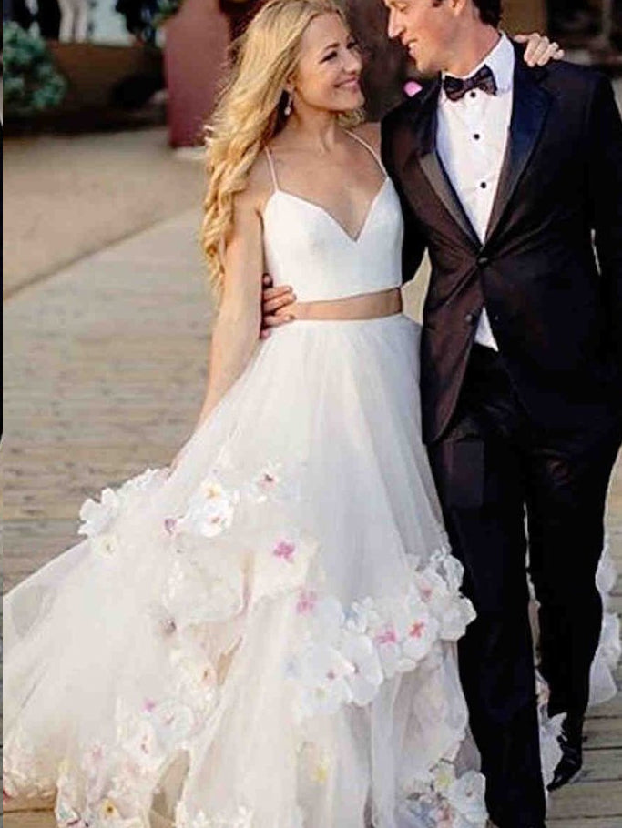 open lace back dress Two Piece Wedding Dresses A Line Spaghetti Straps Appliques Sexy Princ –  Anna PromDress