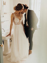 Sparkly Wedding Dresses with Straps Aline Ivory Romantic Beading Open Back Bridal Gown JKW289|Annapromdress