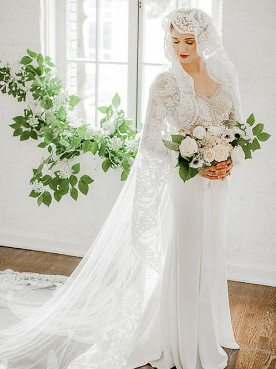 Long Sleeve Wedding Dresses V-neck Romantic Lace Mermaid Open Back Bri –  Anna PromDress
