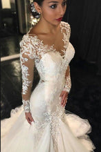 Long Sleeve Wedding Dresses Romantic Lace Sweep Train Beading Mermaid Bridal Gown JKW292|Annapromdress