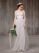 Simple Wedding Dresses Romantic Lace Floor-length Grey Aline Cheap Bridal Gown JKW295|Annapromdress