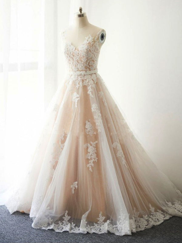 Beautiful Wedding Dresses with Sash A-line Appliques Sweep Train Romantic Bridal Gown JKW296|Annapromdress