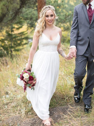 Simple Wedding Dresses Romantic Lace Spaghetti Straps Aline Long Cheap Bridal Gown JKW297|Annapromdress